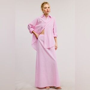 Stripe Button Down Shirt and Skirt Set in Pink Size Medium